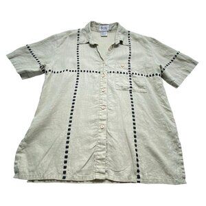 JSONG Women Button Front Shirt Short Sleeve 100% Linen Ribbon Beige 10 76-9